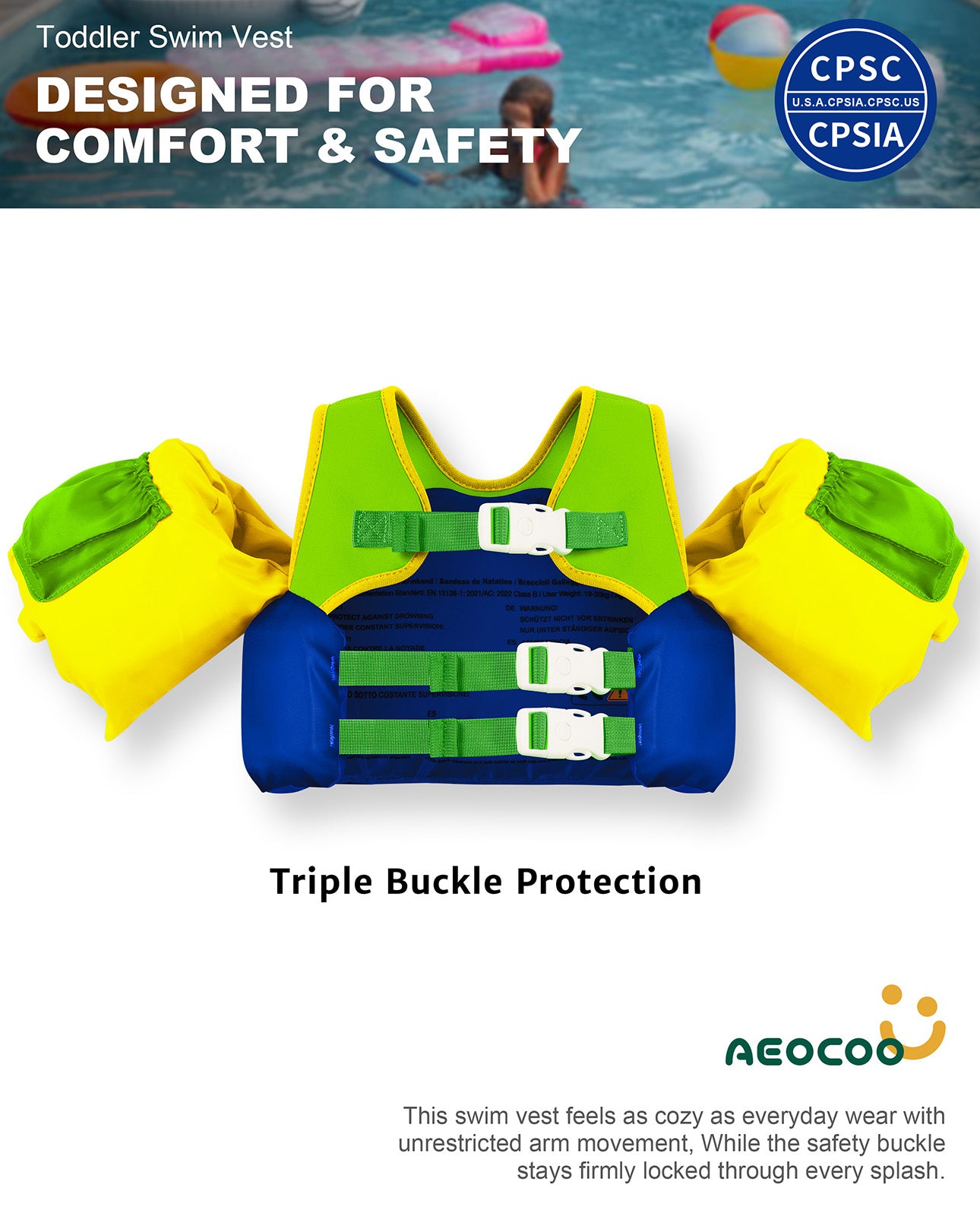 AEOCOO Toddler Swim Vest – Puddle Float Jumper with Arm Floaties for Kids 1-7 Years, 20-70 lbs(Crocodile)
