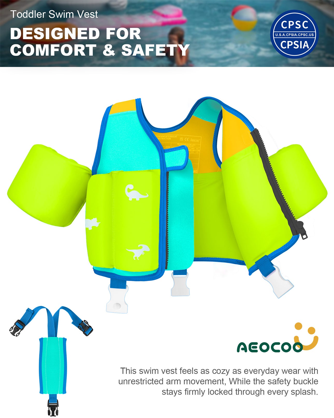 AEOCOO Kids Toddler Swim Vest – Pool Float Jacket with Crotch Strap for Ages 1-9 Years, 20-70 lbs (Blue)