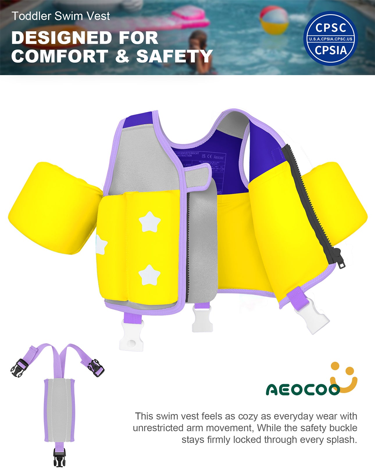AEOCOO Kids Toddler Swim Vest – Pool Float Jacket with Crotch Strap for Ages 1-9 Years, 20-70 lbs (Purple)