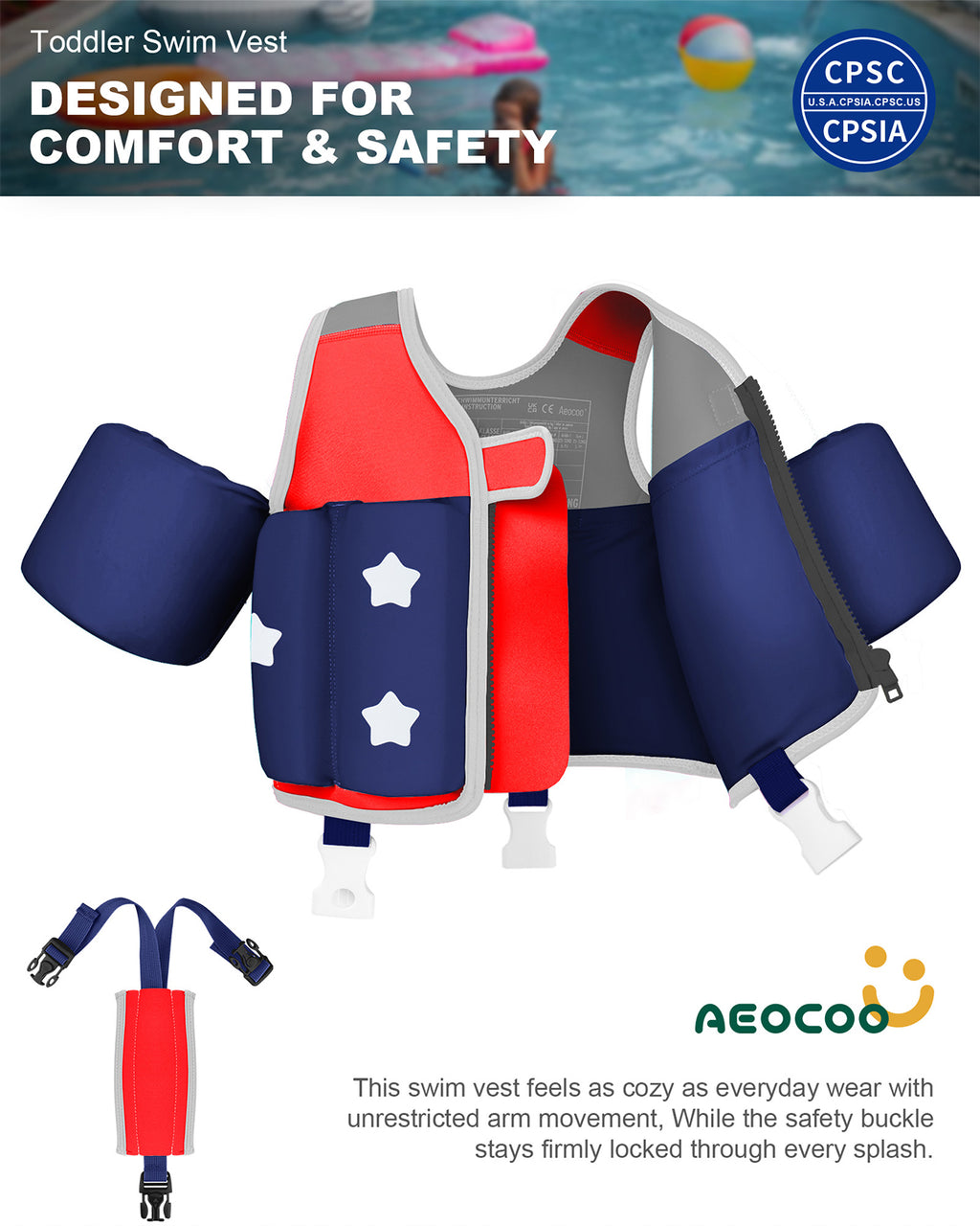 AEOCOO Kids Toddler Swim Vest – Pool Float Jacket with Crotch Strap for Ages 1-9 Years, 20-70 lbs (Red)