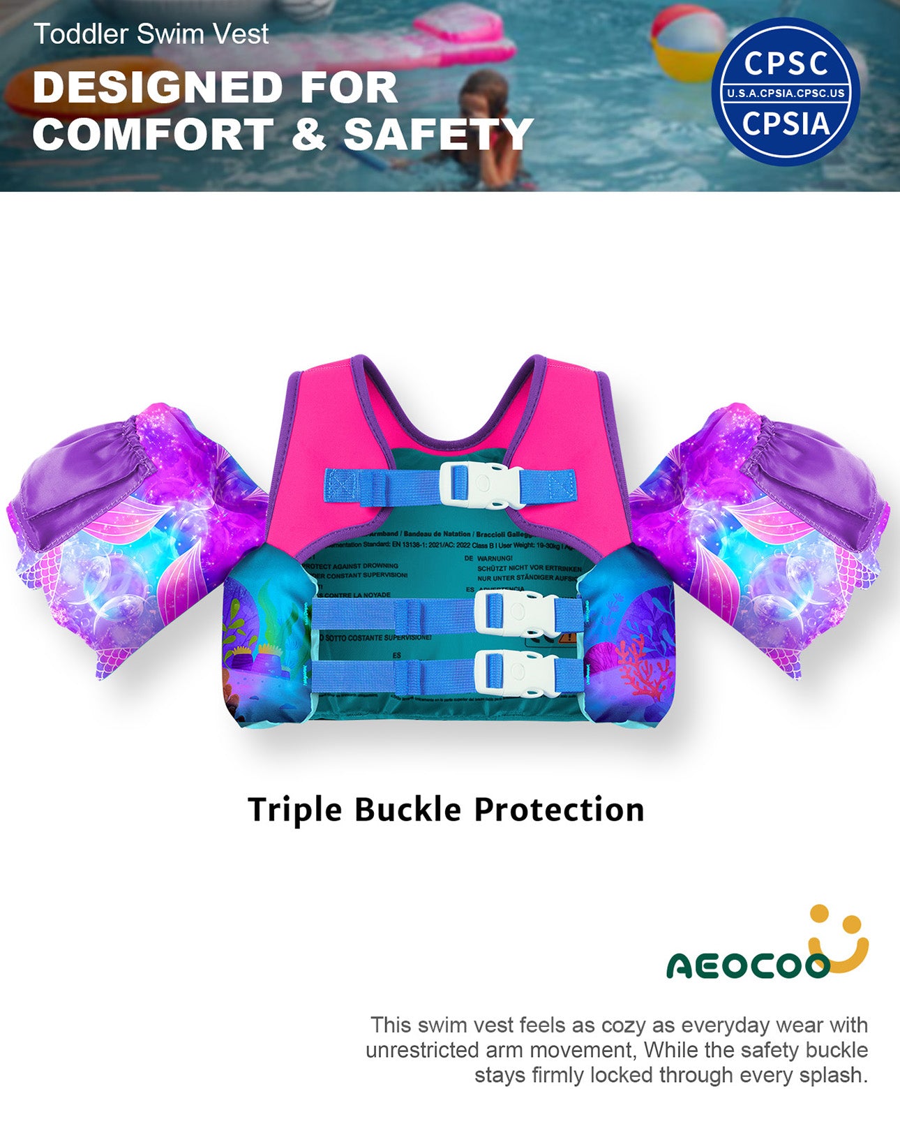 AEOCOO Toddler Swim Vest – Puddle Float Jumper with Arm Floaties for Kids 1-7 Years, 20-70 lbs (Mermaid)