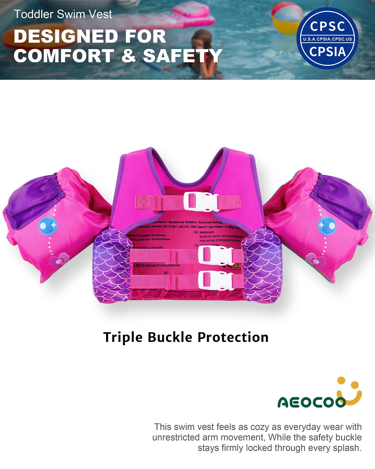 AEOCOO Toddler Swim Vest – Puddle Float Jumper with Arm Floaties for Kids 1-7 Years, 20-70 lbs (Seajelly)