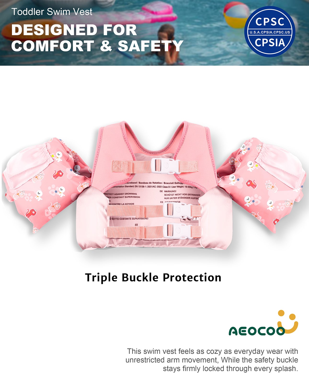 AEOCOO Toddler Swim Vest – Puddle Float Jumper with Arm Floaties for Kids 1-7 Years, 20-70 lbs (Puppy)