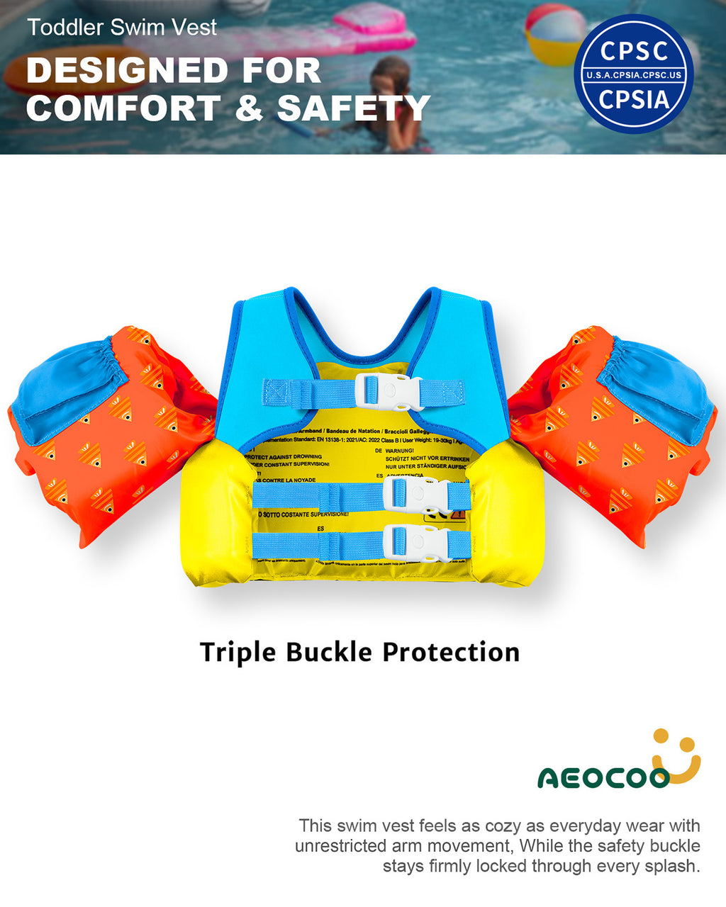 AEOCOO Toddler Swim Vest – Puddle Float Jumper with Arm Floaties for Kids 1-7 Years, 20-70 lbs (Shark)