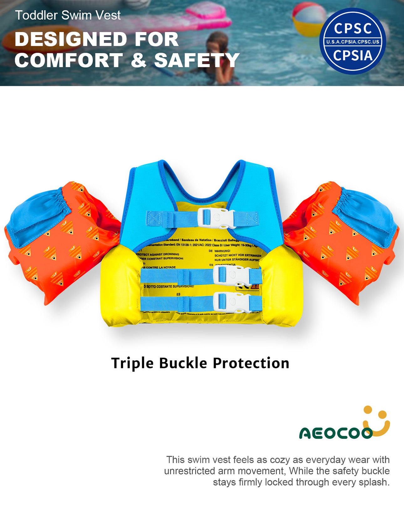 AEOCOO Toddler Swim Vest – Puddle Float Jumper with Arm Floaties for Kids 1-7 Years, 20-70 lbs (Shark)