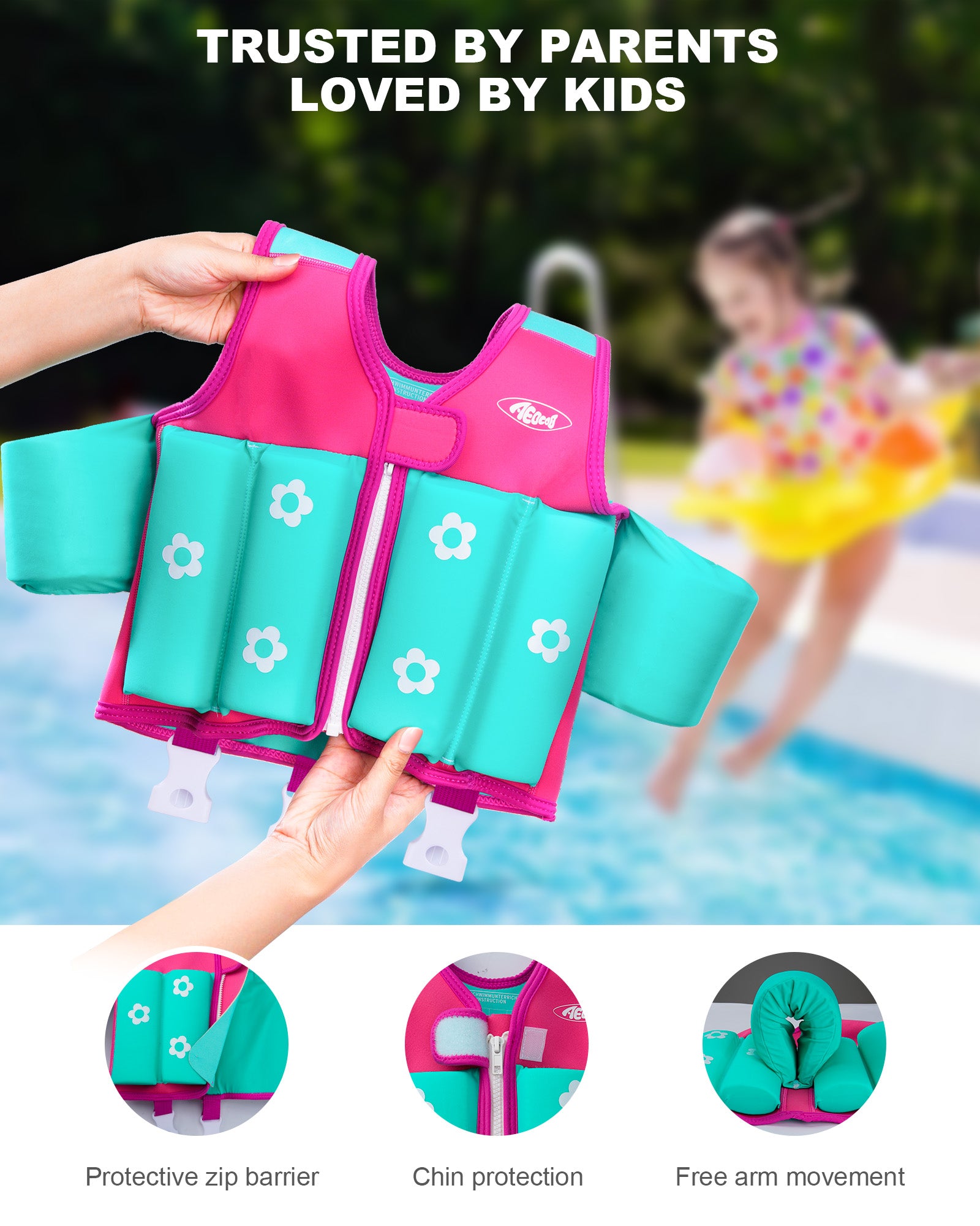 AEOCOO Kids Toddler Swim Vest – Pool Float Jacket with Crotch Strap for Ages 1-9 Years, 20-70 lbs(Pink)
