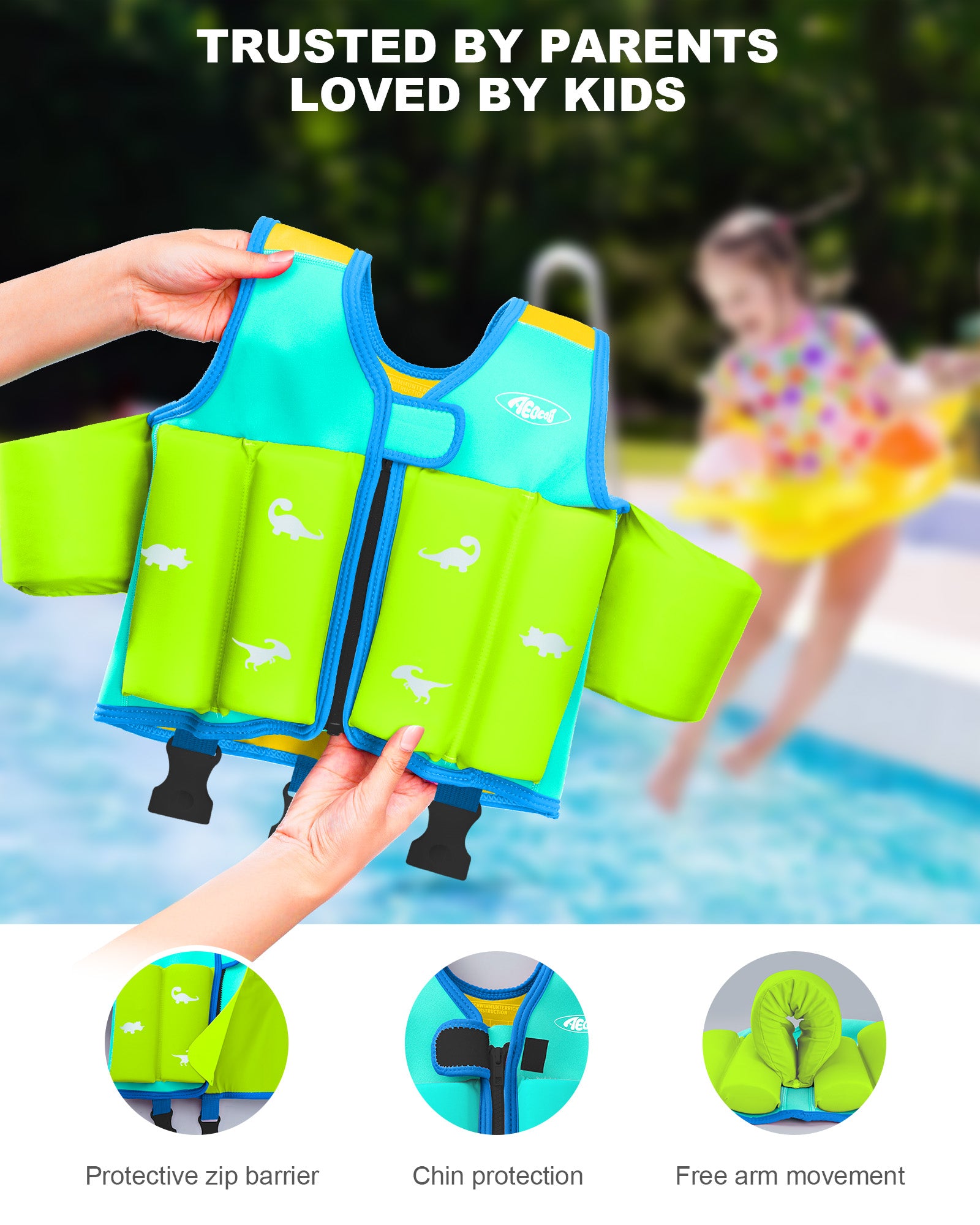 AEOCOO Kids Toddler Swim Vest – Pool Float Jacket with Crotch Strap for Ages 1-9 Years, 20-70 lbs (Blue)