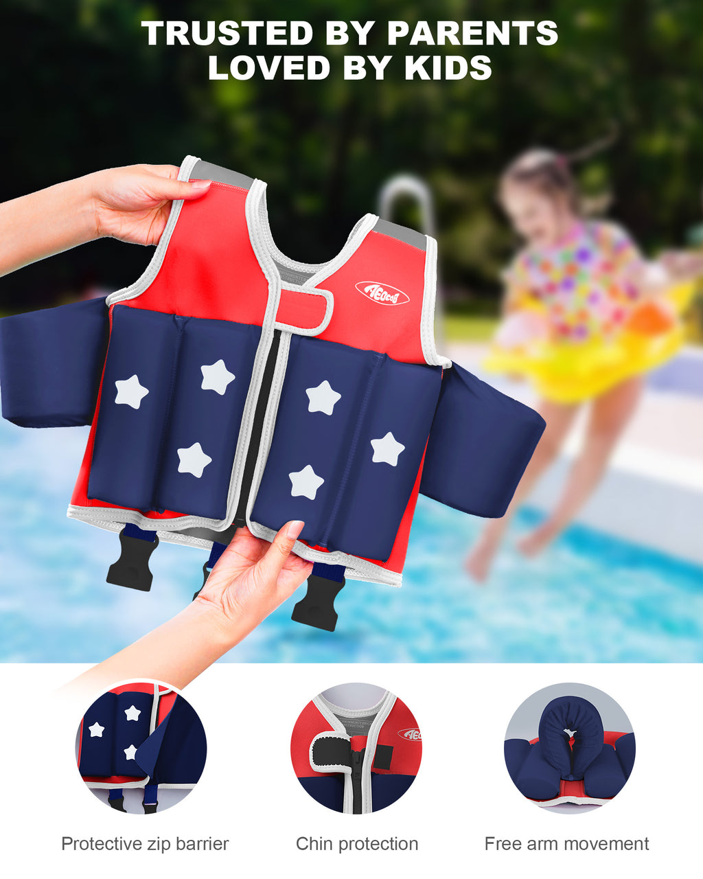 AEOCOO Kids Toddler Swim Vest – Pool Float Jacket with Crotch Strap for Ages 1-9 Years, 20-70 lbs (Red)
