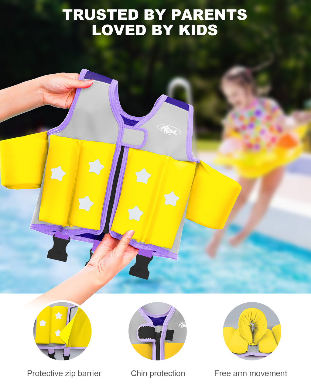 AEOCOO Kids Toddler Swim Vest – Pool Float Jacket with Crotch Strap for Ages 1-9 Years, 20-70 lbs (Purple)