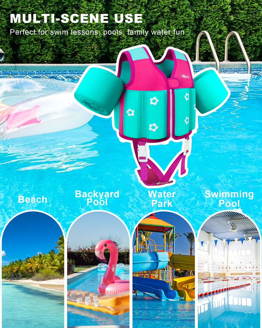 AEOCOO Kids Toddler Swim Vest – Pool Float Jacket with Crotch Strap for Ages 1-9 Years, 20-70 lbs(Pink)