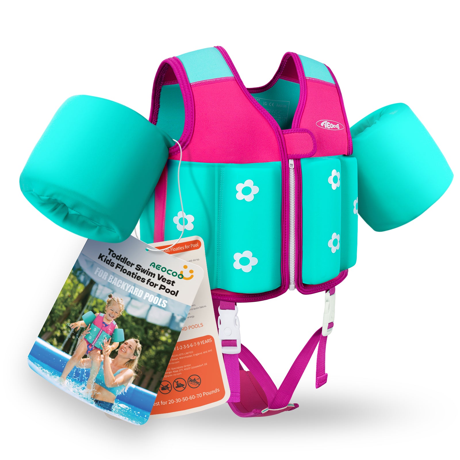 AEOCOO Kids Toddler Swim Vest – Pool Float Jacket with Crotch Strap for Ages 1-9 Years, 20-70 lbs(Pink)