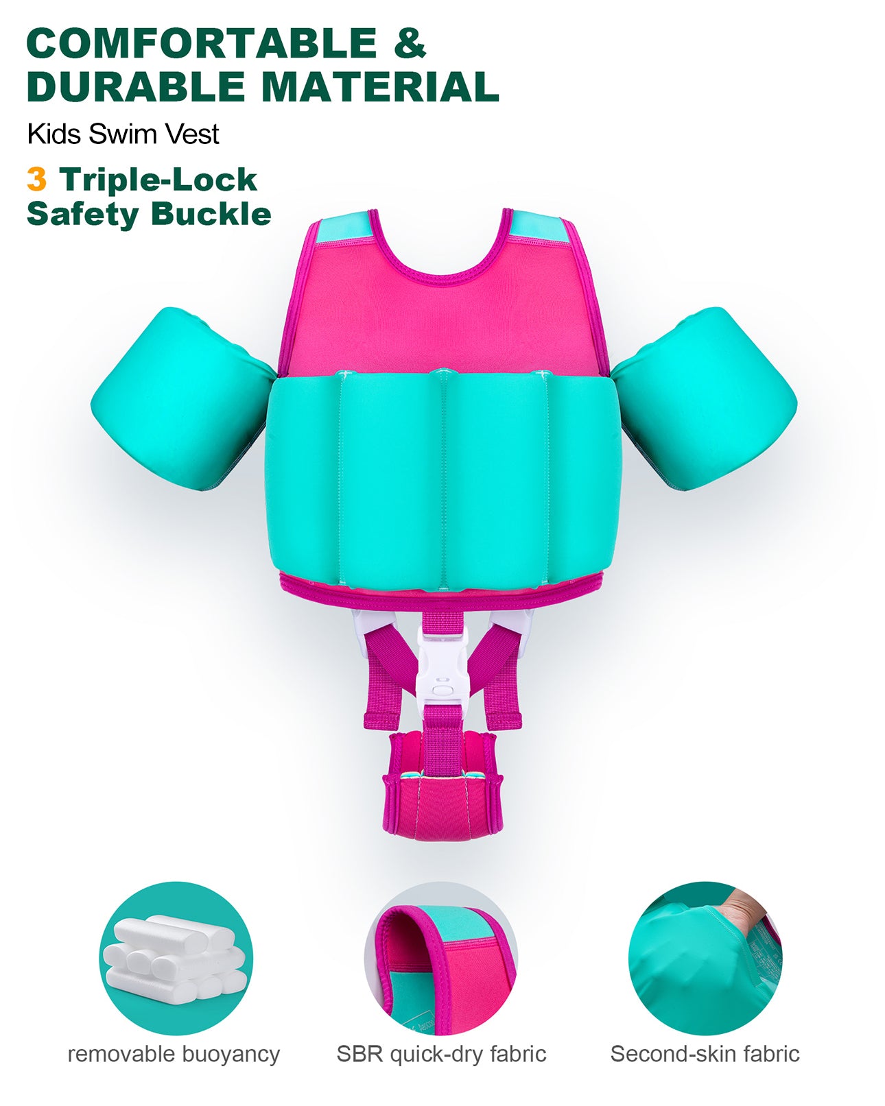 AEOCOO Kids Toddler Swim Vest – Pool Float Jacket with Crotch Strap for Ages 1-9 Years, 20-70 lbs(Pink)