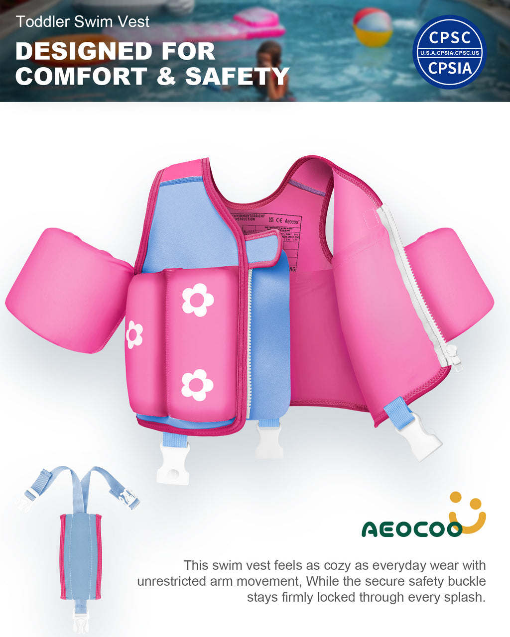 AEOCOO Kids Toddler Swim Vest – Pool Float Jacket with Crotch Strap for Ages 1-9 Years, 20-70 lbs (Rose)