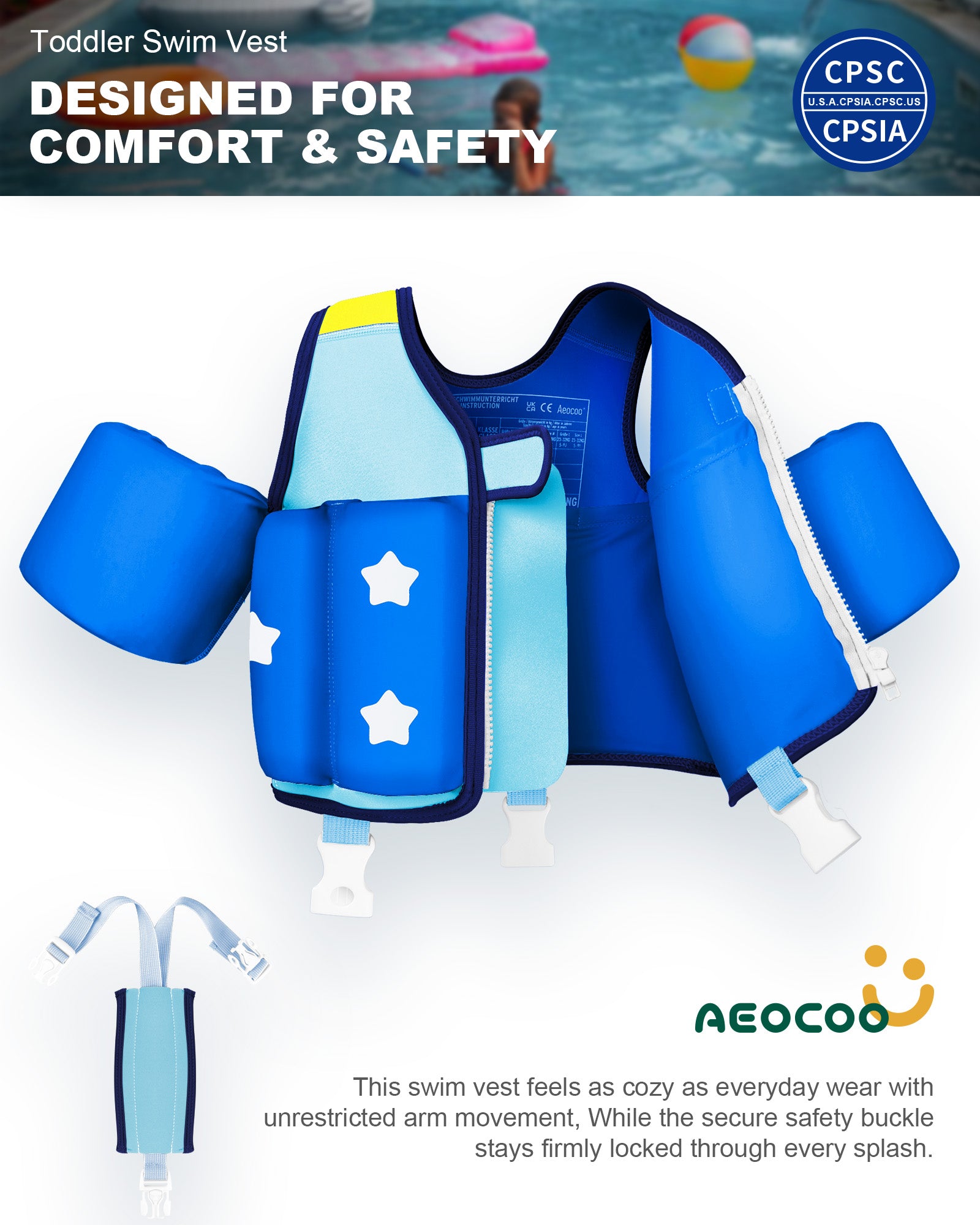 AEOCOO Kids Toddler Swim Vest – Pool Float Jacket with Crotch Strap for Ages 1-9 Years, 20-70 lbs (Sky)