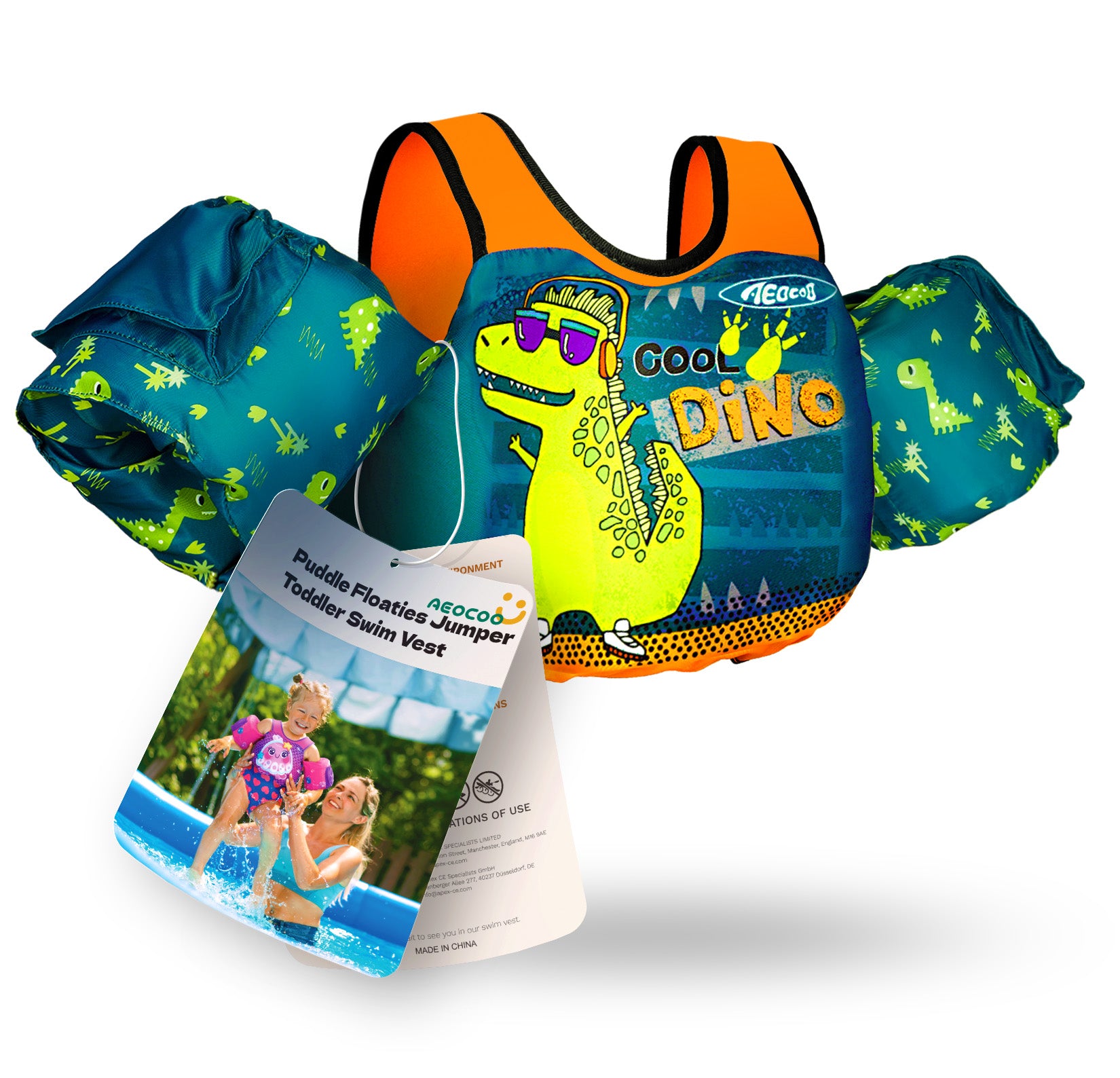 AEOCOO Toddler Swim Vest – Puddle Float Jumper with Arm Floaties for Kids 1-7 Years, 20-70 lbs (Cool-Dino)