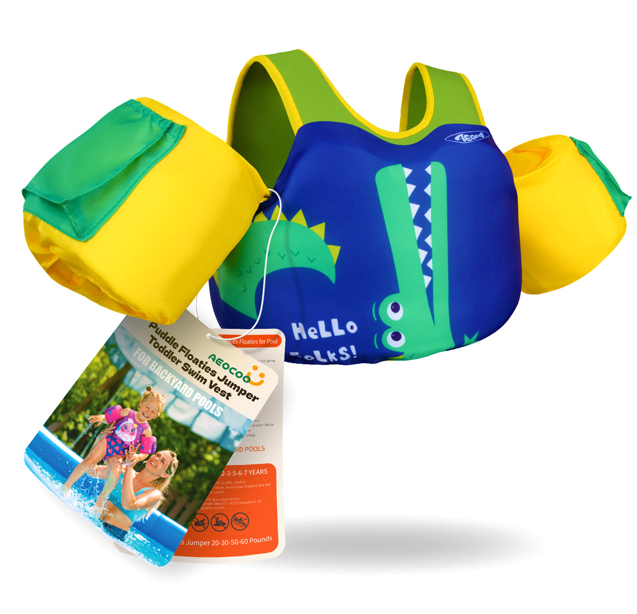 AEOCOO Toddler Swim Vest – Puddle Float Jumper with Arm Floaties for Kids 1-7 Years, 20-70 lbs(Crocodile)