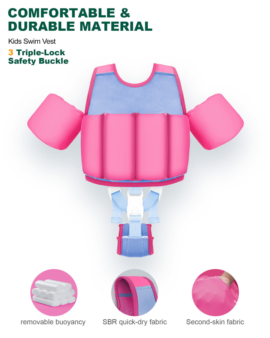 AEOCOO Kids Toddler Swim Vest – Pool Float Jacket with Crotch Strap for Ages 1-9 Years, 20-70 lbs (Rose)