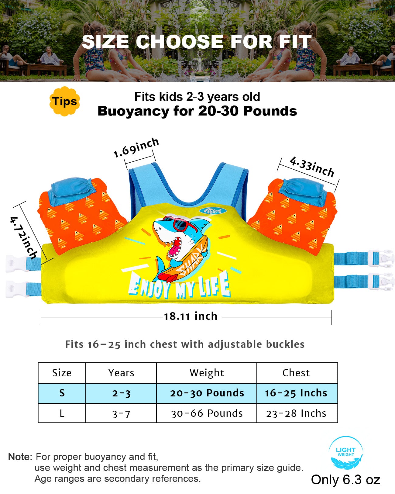 AEOCOO Toddler Swim Vest – Puddle Float Jumper with Arm Floaties for Kids 1-7 Years, 20-70 lbs (Shark)