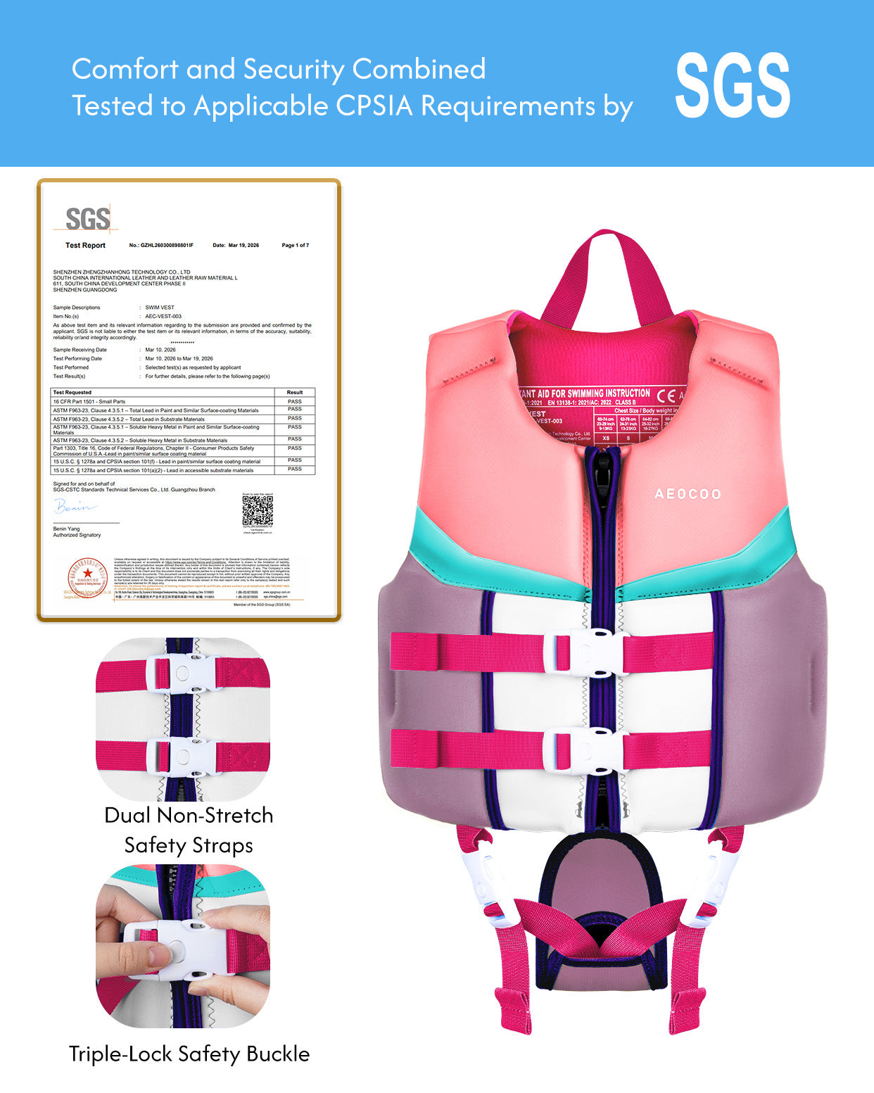 AEOCOO Kids Swim Vest – Buoyancy Pool Float Jacket for Ages 2-9 Years, 20-90 lbs