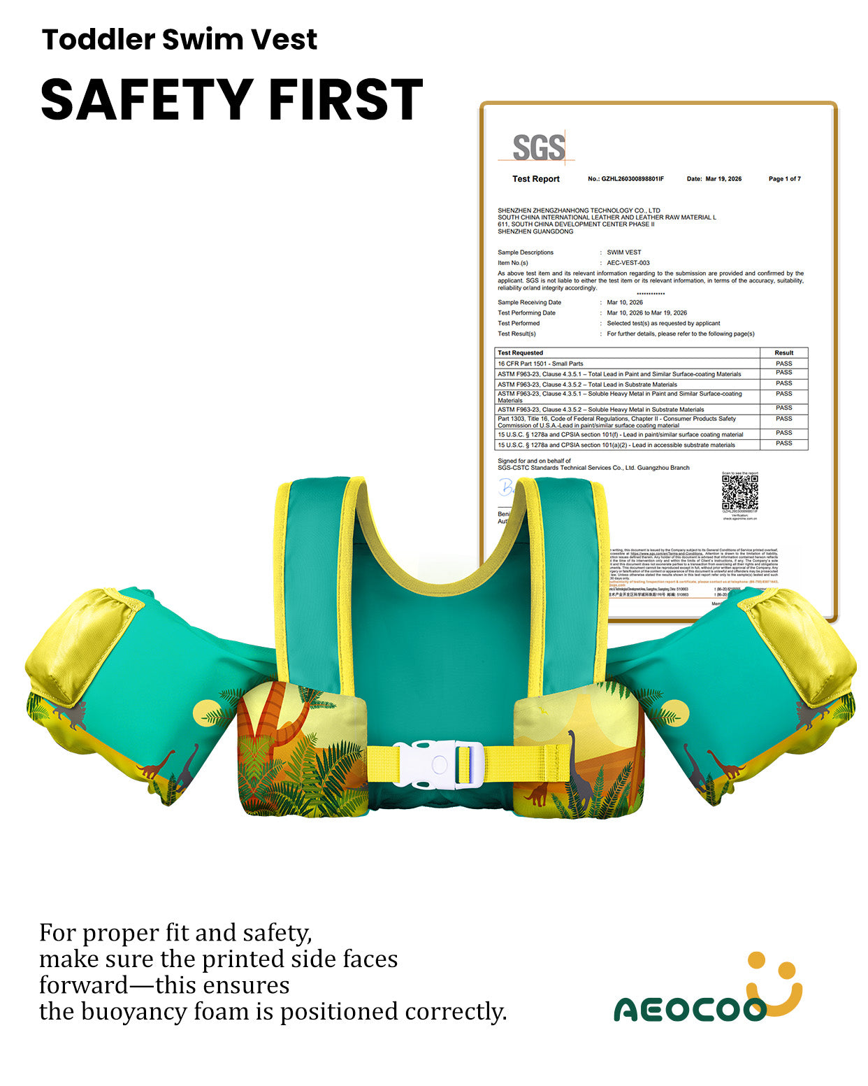 AEOCOO Toddler Swim Vest – Kids Pool Float with Arm Floaties for Ages 1-7 Years, 20-70 lbs
