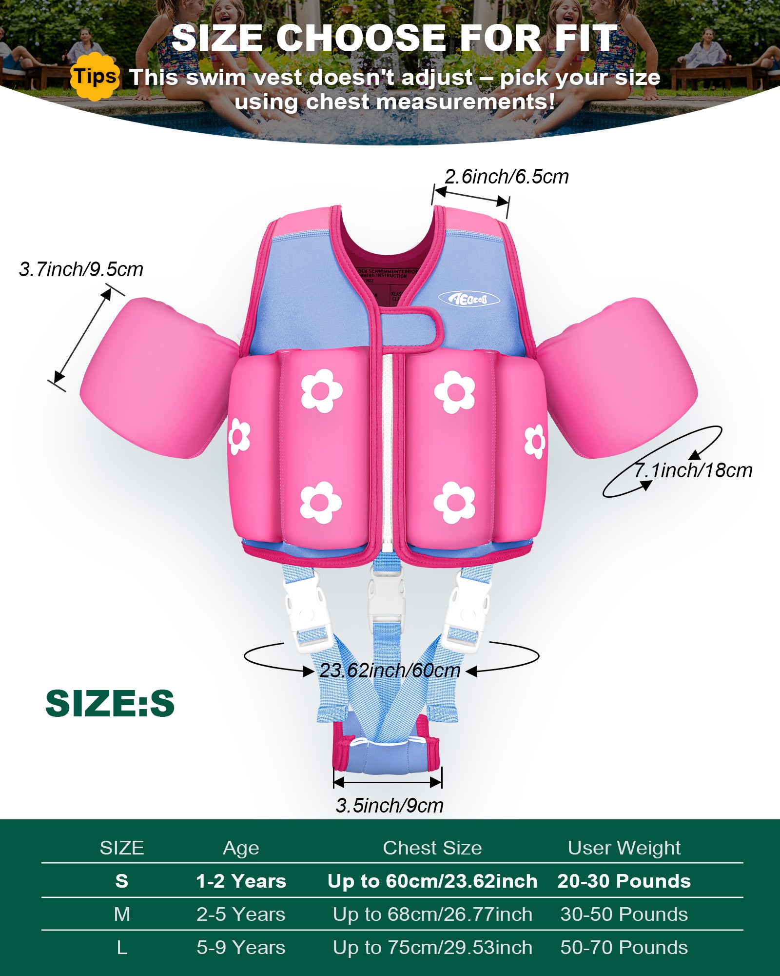 AEOCOO Kids Toddler Swim Vest – Pool Float Jacket with Crotch Strap for Ages 1-9 Years, 20-70 lbs (Rose)