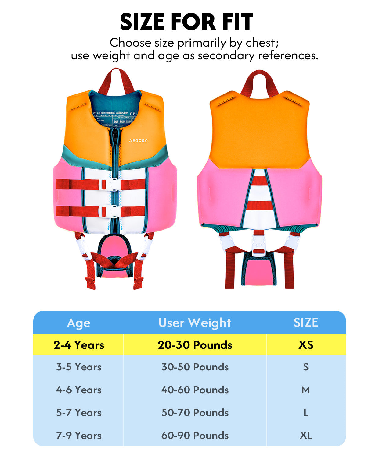 AEOCOO Kids Swim Vest – Buoyancy Pool Float Jacket for Ages 2-9 Years, 20-90 lbs