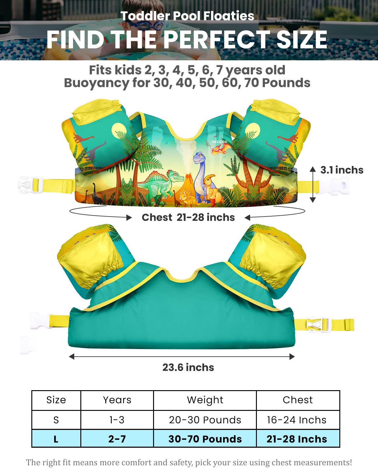AEOCOO Toddler Swim Vest – Kids Pool Float with Arm Floaties for Ages 1-7 Years, 20-70 lbs