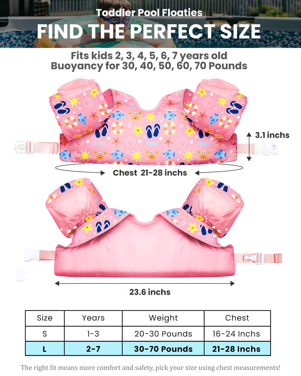 AEOCOO Toddler Swim Vest – Kids Pool Float with Arm Floaties for Ages 1-7 Years, 20-70 lbs (Color 6)