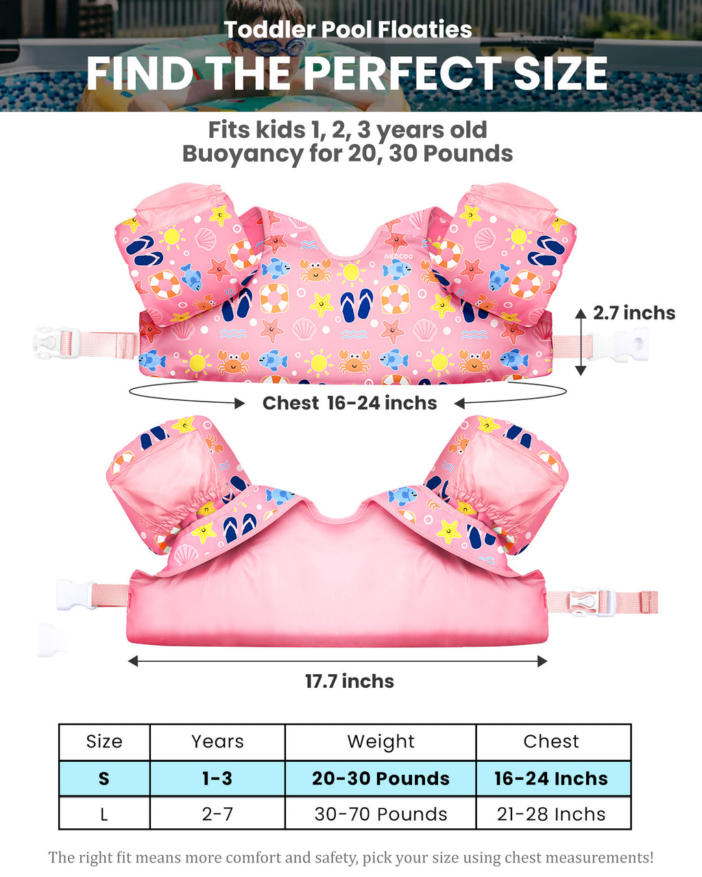 AEOCOO Toddler Swim Vest – Kids Pool Float with Arm Floaties for Ages 1-7 Years, 20-70 lbs (Color 6)