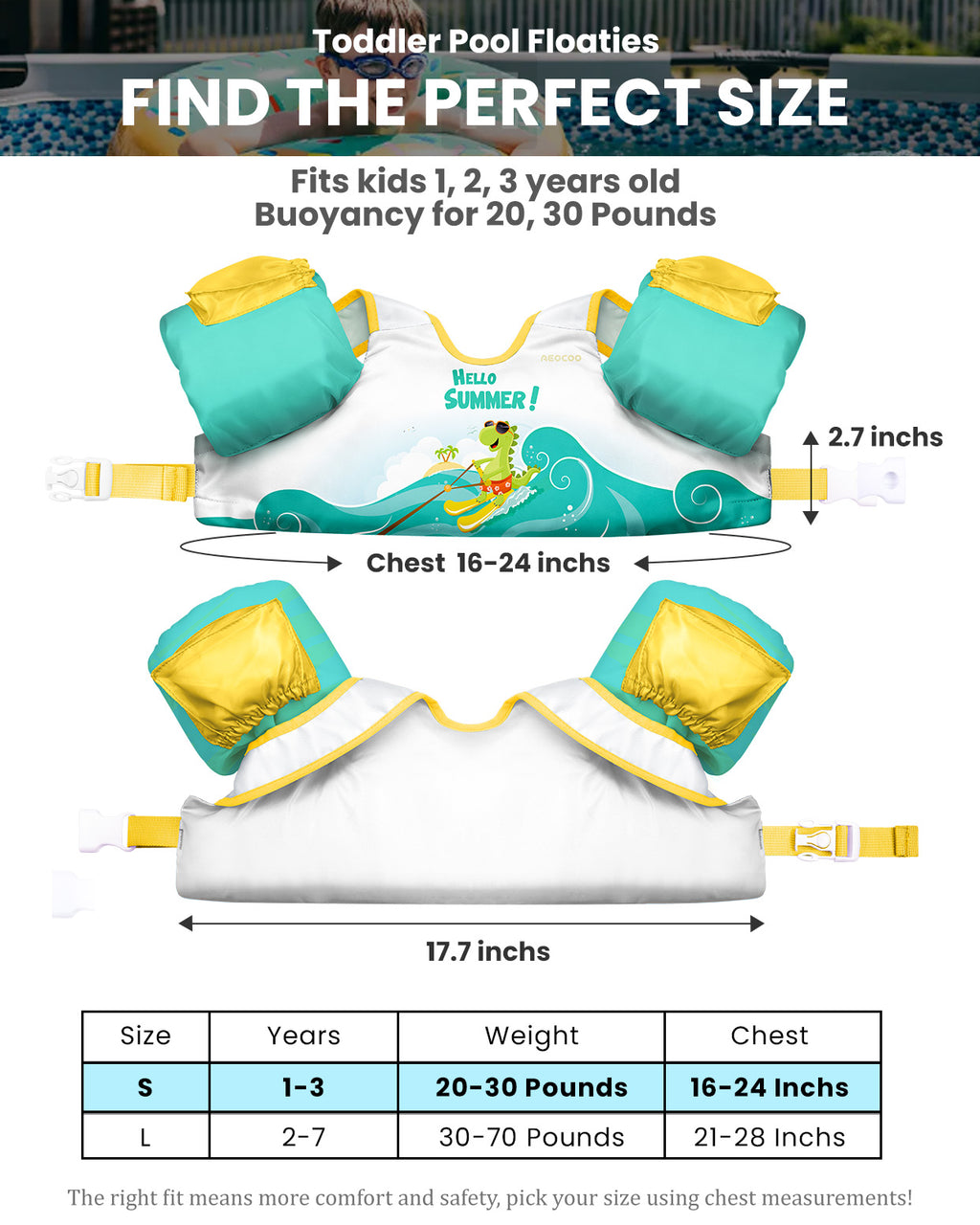 AEOCOO Toddler Swim Vest – Kids Pool Float with Arm Floaties for Ages 1-7 Years, 20-70 lbs (Color 4)