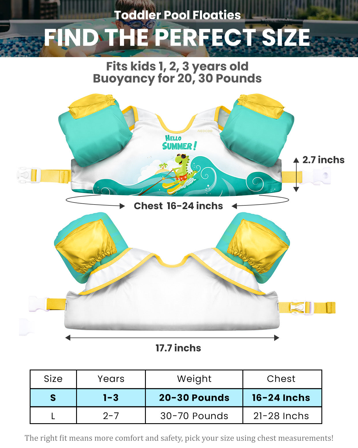 AEOCOO Toddler Swim Vest – Kids Pool Float with Arm Floaties for Ages 1-7 Years, 20-70 lbs (Color 4)