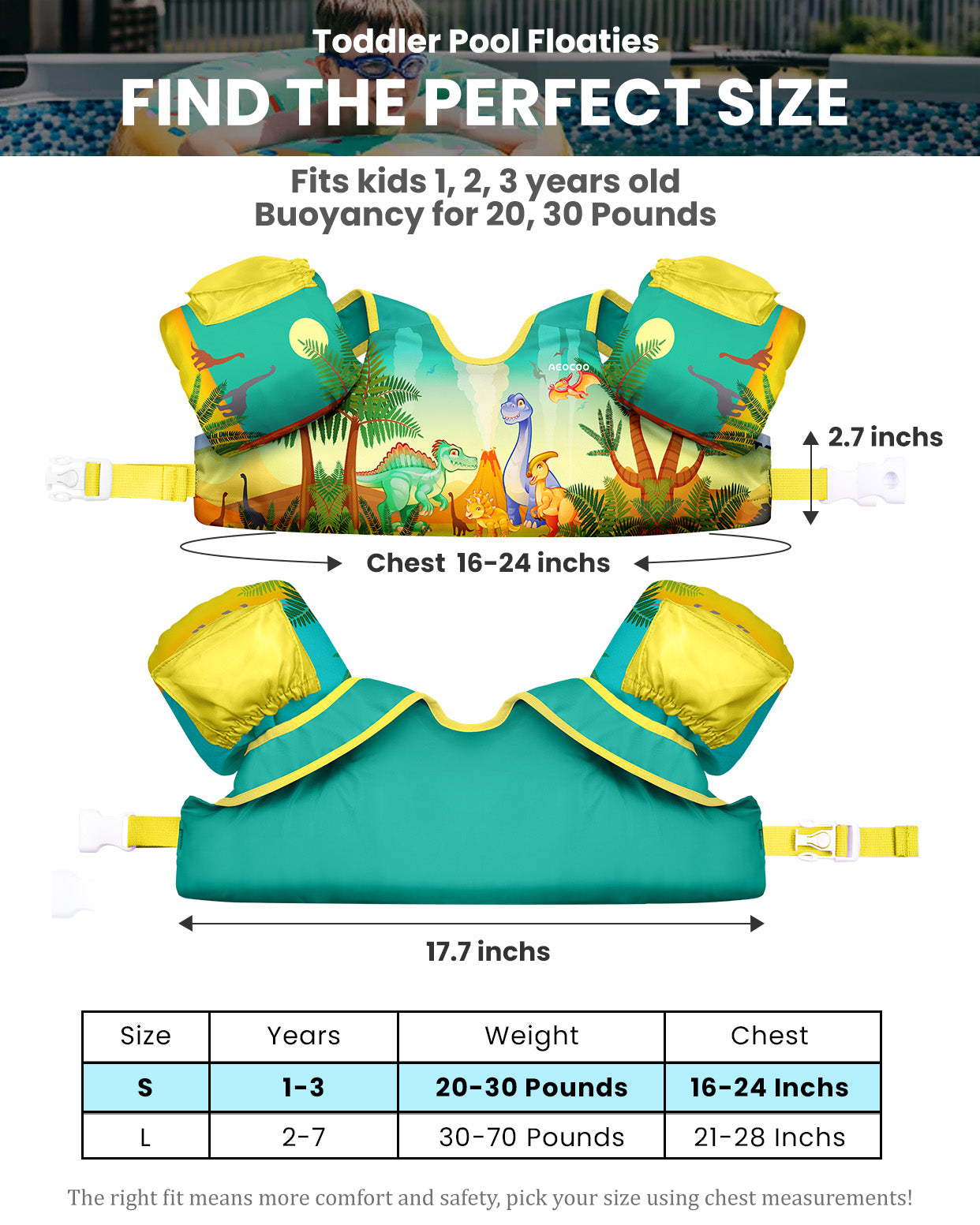 AEOCOO Toddler Swim Vest – Kids Pool Float with Arm Floaties for Ages 1-7 Years, 20-70 lbs