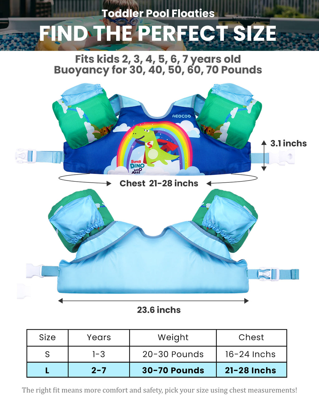 AEOCOO Toddler Swim Vest – Kids Pool Float with Arm Floaties for Ages 1-7 Years, 20-70 lbs (Color 5)