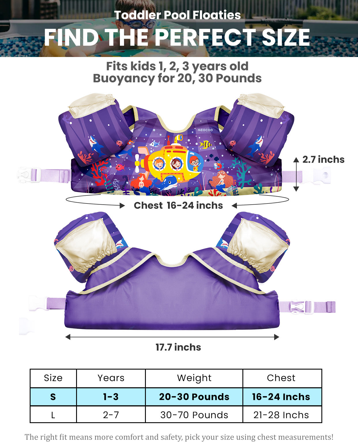AEOCOO Toddler Swim Vest – Kids Pool Float with Arm Floaties for Ages 1-7 Years, 20-70 lbs