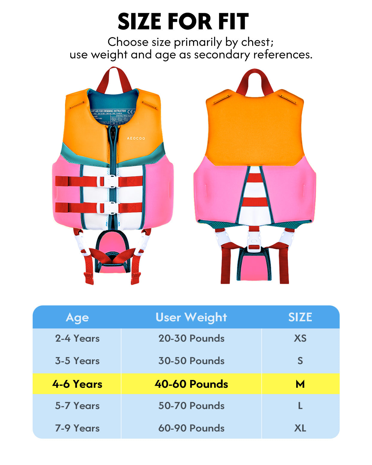 AEOCOO Kids Swim Vest – Buoyancy Pool Float Jacket for Ages 2-9 Years, 20-90 lbs