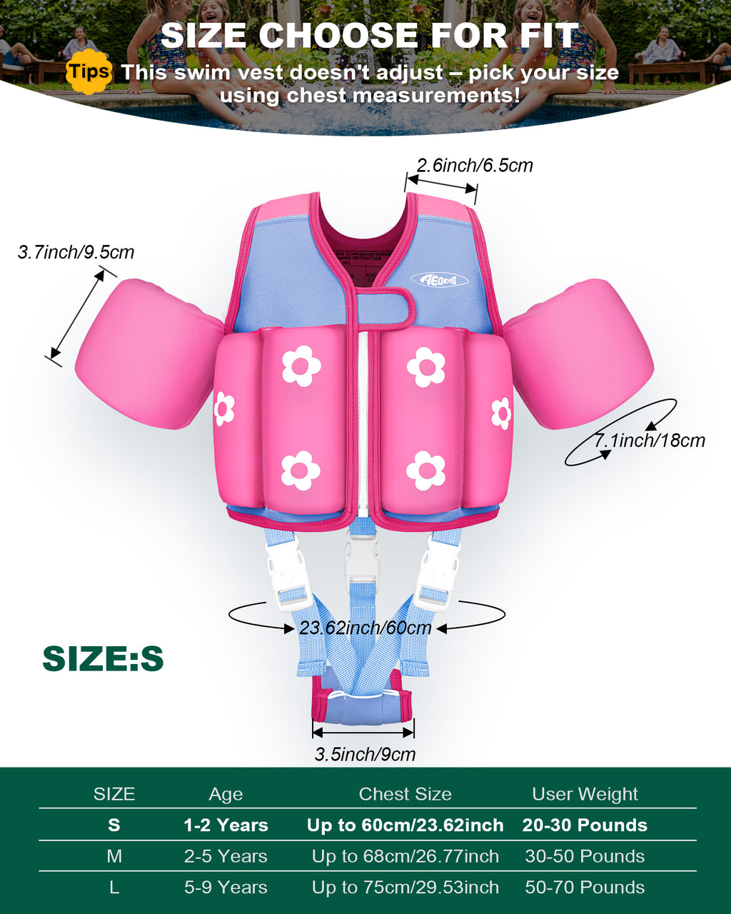 AEOCOO Kids Toddler Swim Vest – Pool Float Jacket with Crotch Strap for Ages 1-9 Years, 20-70 lbs (Rose)