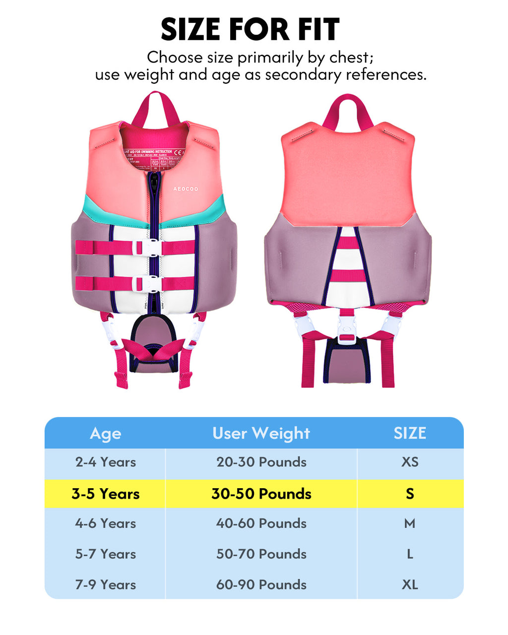 AEOCOO Kids Swim Vest – Buoyancy Pool Float Jacket for Ages 2-9 Years, 20-90 lbs
