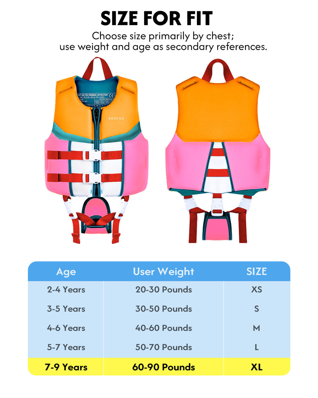 AEOCOO Kids Swim Vest – Buoyancy Pool Float Jacket for Ages 2-9 Years, 20-90 lbs