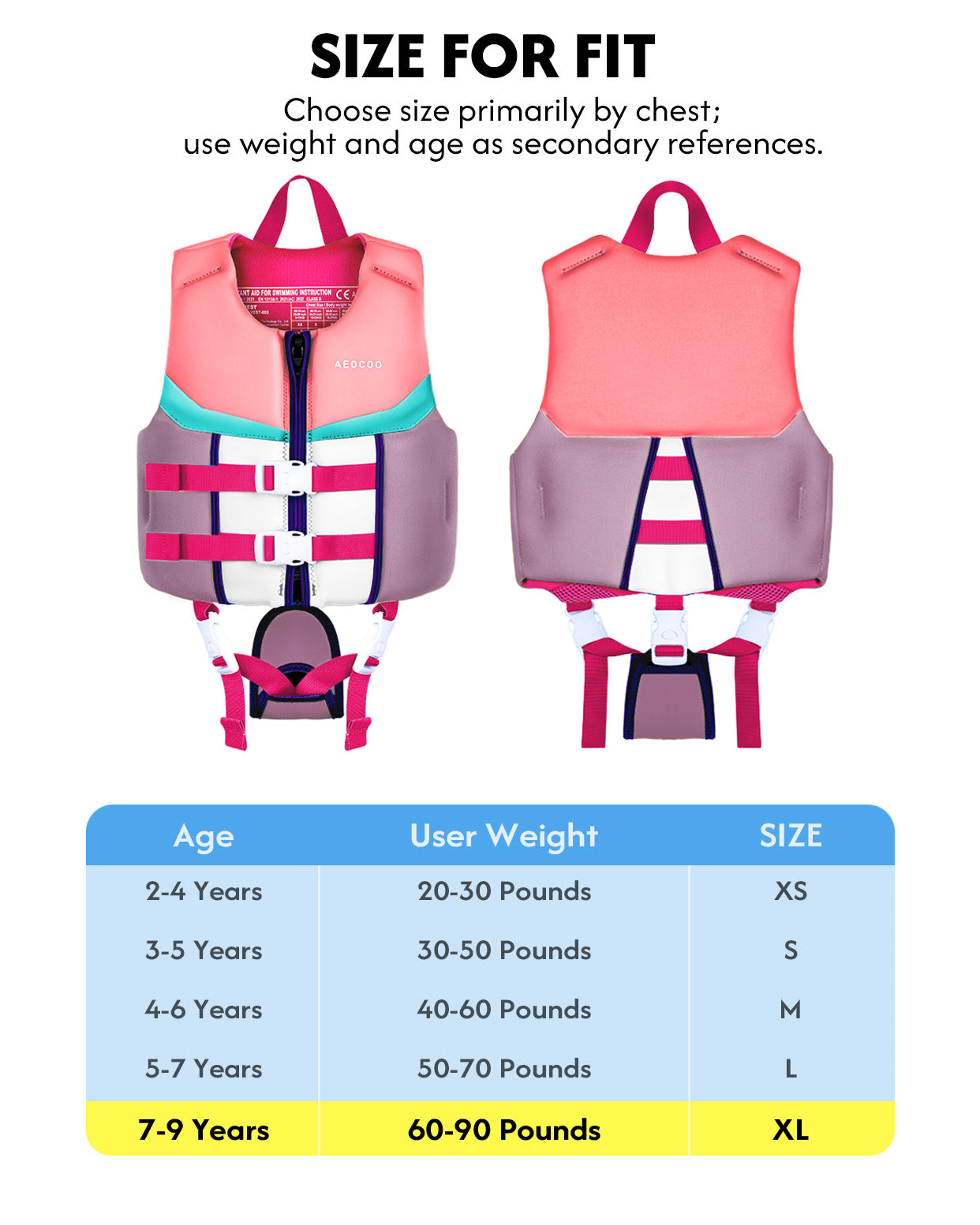 AEOCOO Kids Swim Vest – Buoyancy Pool Float Jacket for Ages 2-9 Years, 20-90 lbs