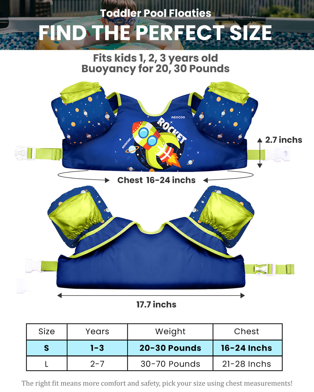 AEOCOO Toddler Swim Vest – Kids Pool Float with Arm Floaties for Ages 1-7 Years, 20-70 lbs (Color 1)