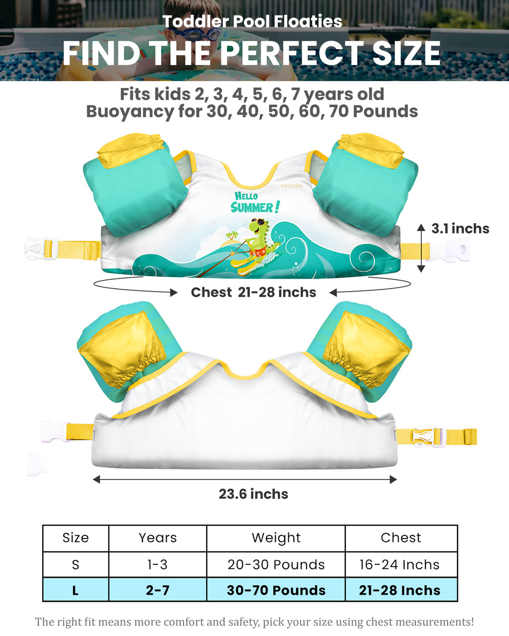 AEOCOO Toddler Swim Vest – Kids Pool Float with Arm Floaties for Ages 1-7 Years, 20-70 lbs (Color 4)