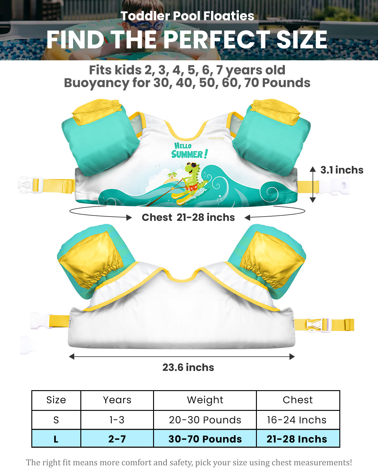 AEOCOO Toddler Swim Vest – Kids Pool Float with Arm Floaties for Ages 1-7 Years, 20-70 lbs (Color 4)