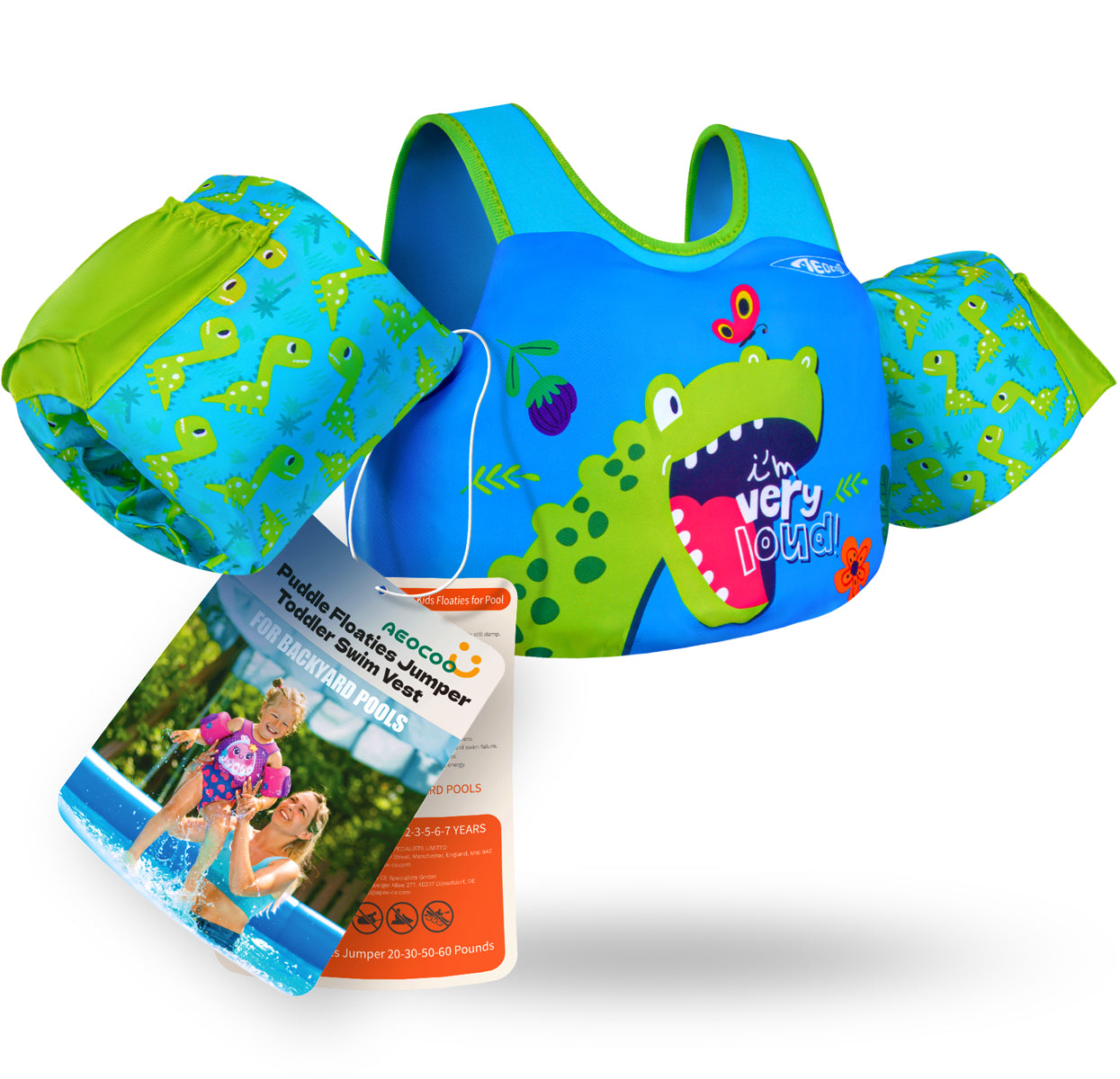 AEOCOO Toddler Swim Vest – Puddle Float Jumper with Arm Floaties for Kids 1-7 Years, 20-70 lbs (dinosaur)