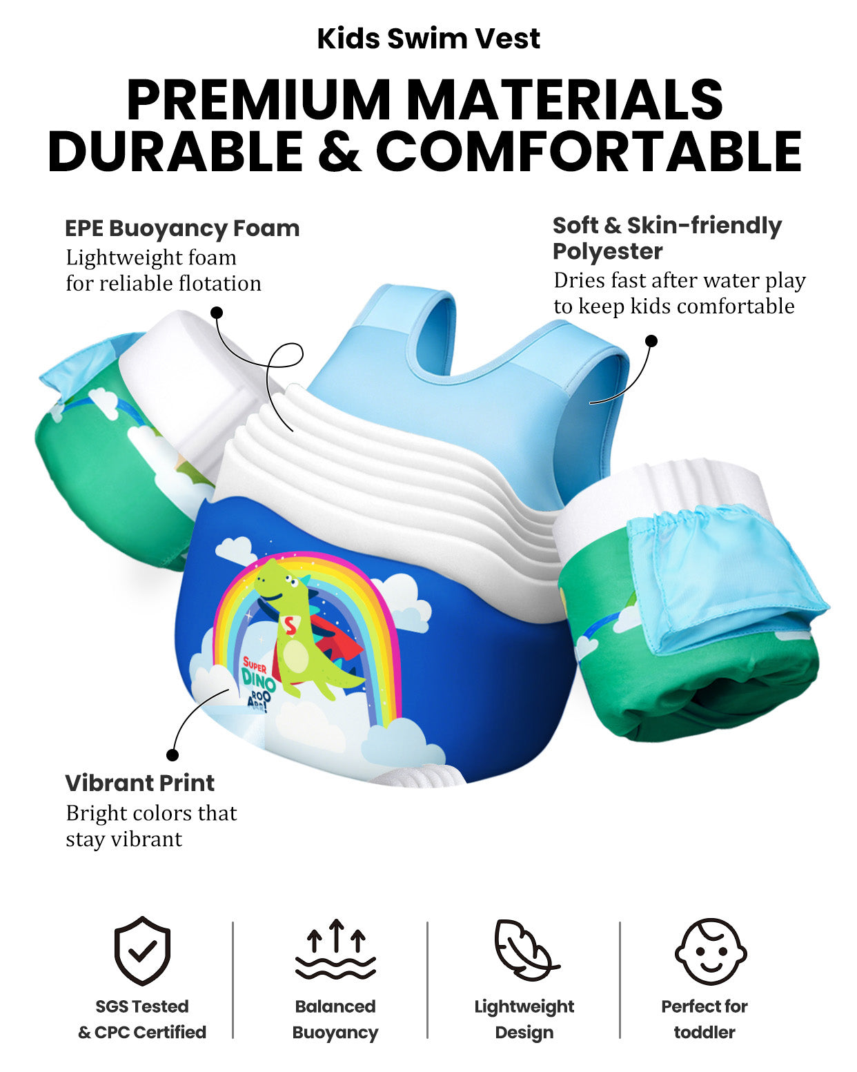 AEOCOO Toddler Swim Vest – Kids Pool Float with Arm Floaties for Ages 1-7 Years, 20-70 lbs (Color 5)