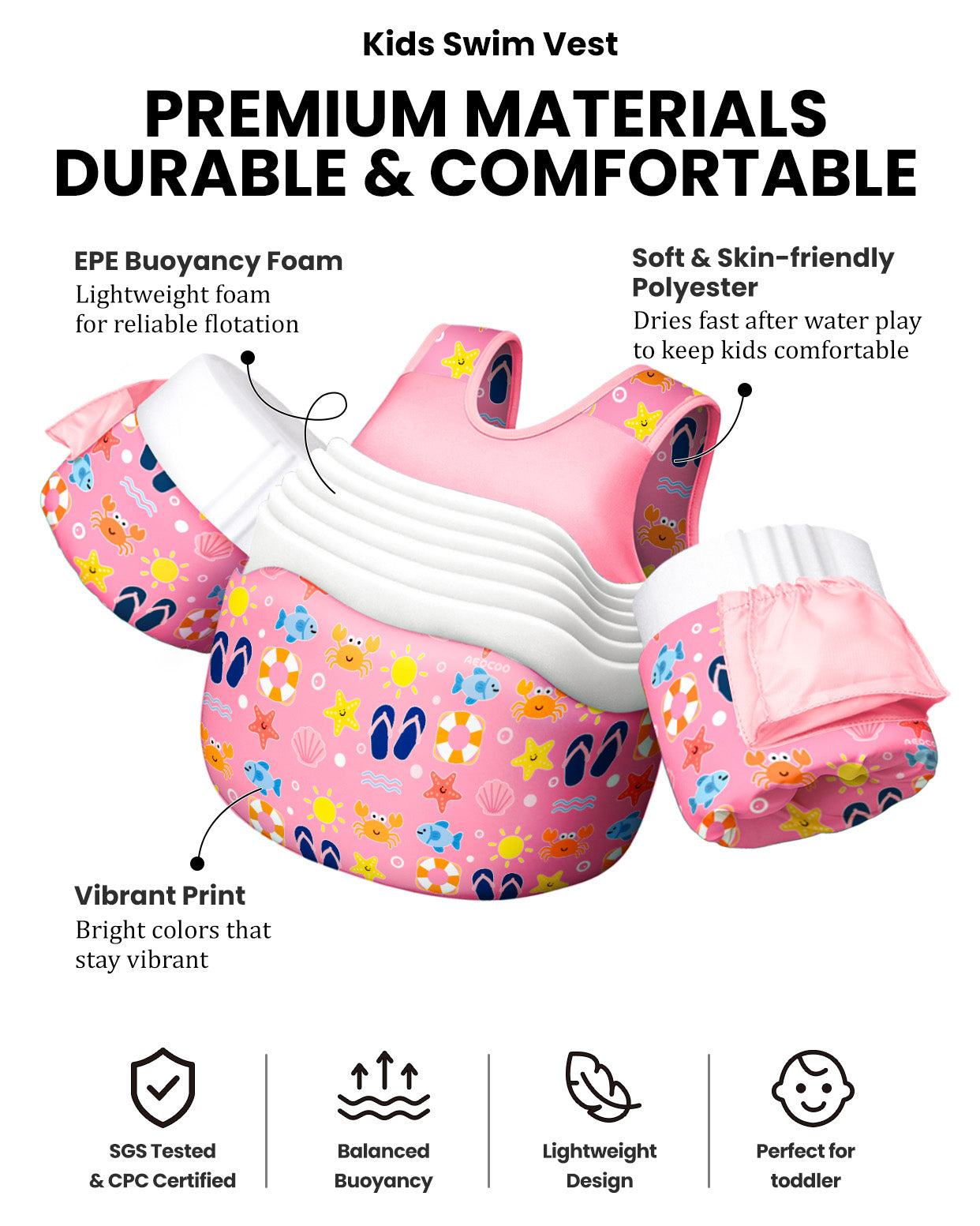 AEOCOO Toddler Swim Vest – Kids Pool Float with Arm Floaties for Ages 1-7 Years, 20-70 lbs (Color 6)
