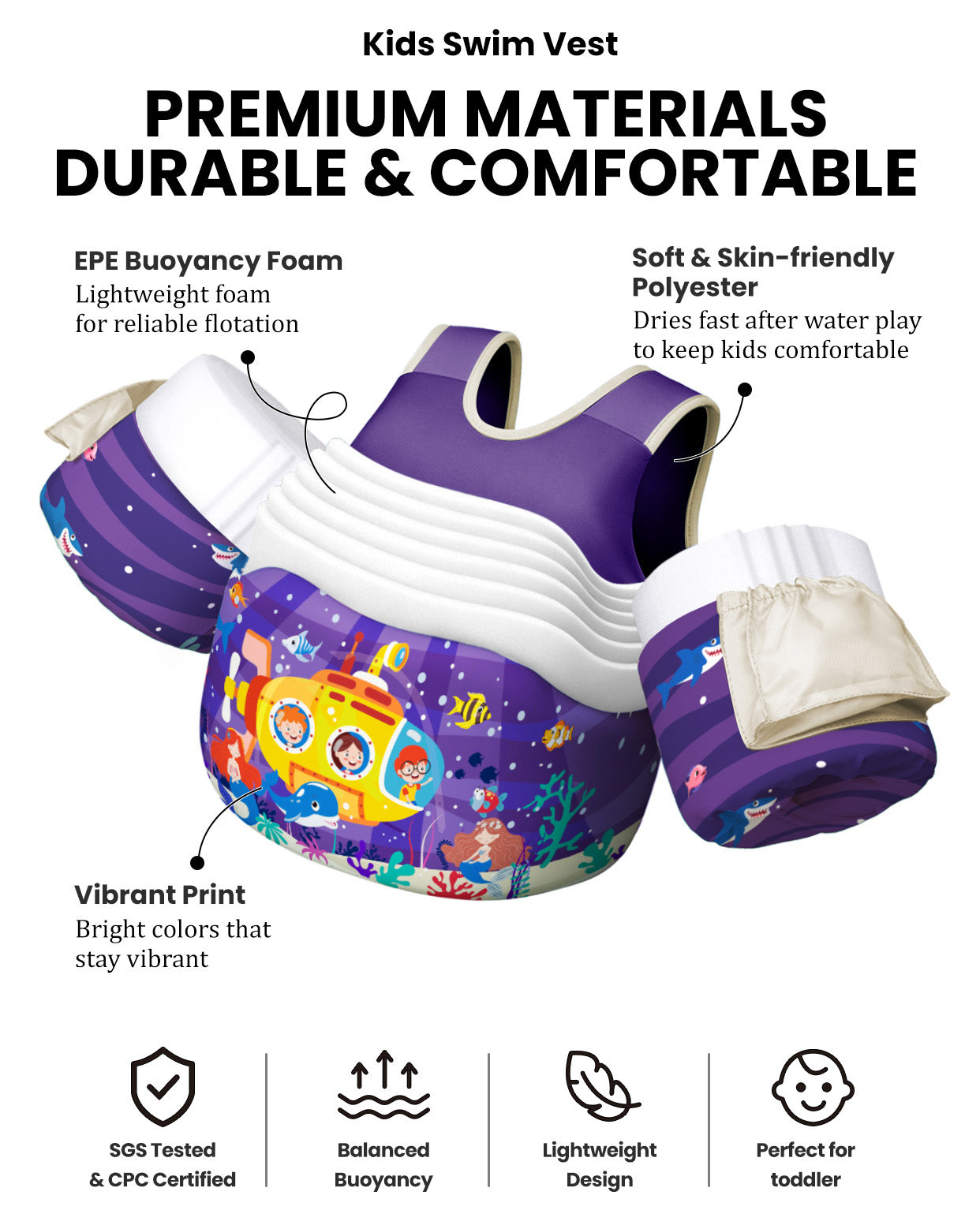 AEOCOO Toddler Swim Vest – Kids Pool Float with Arm Floaties for Ages 1-7 Years, 20-70 lbs
