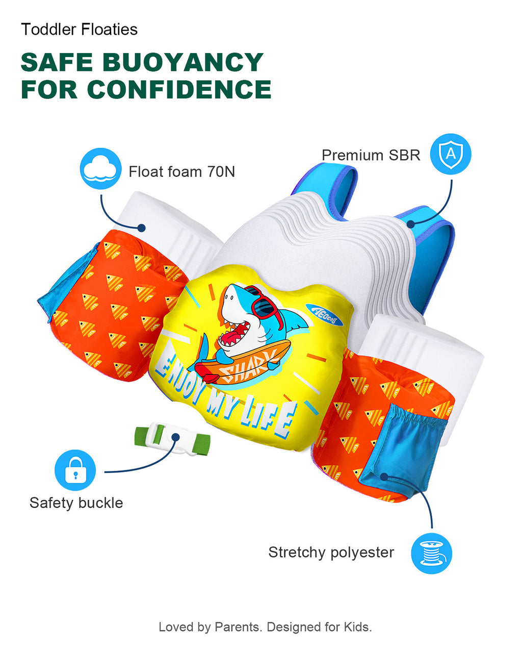 AEOCOO Toddler Swim Vest – Puddle Float Jumper with Arm Floaties for Kids 1-7 Years, 20-70 lbs (Shark)