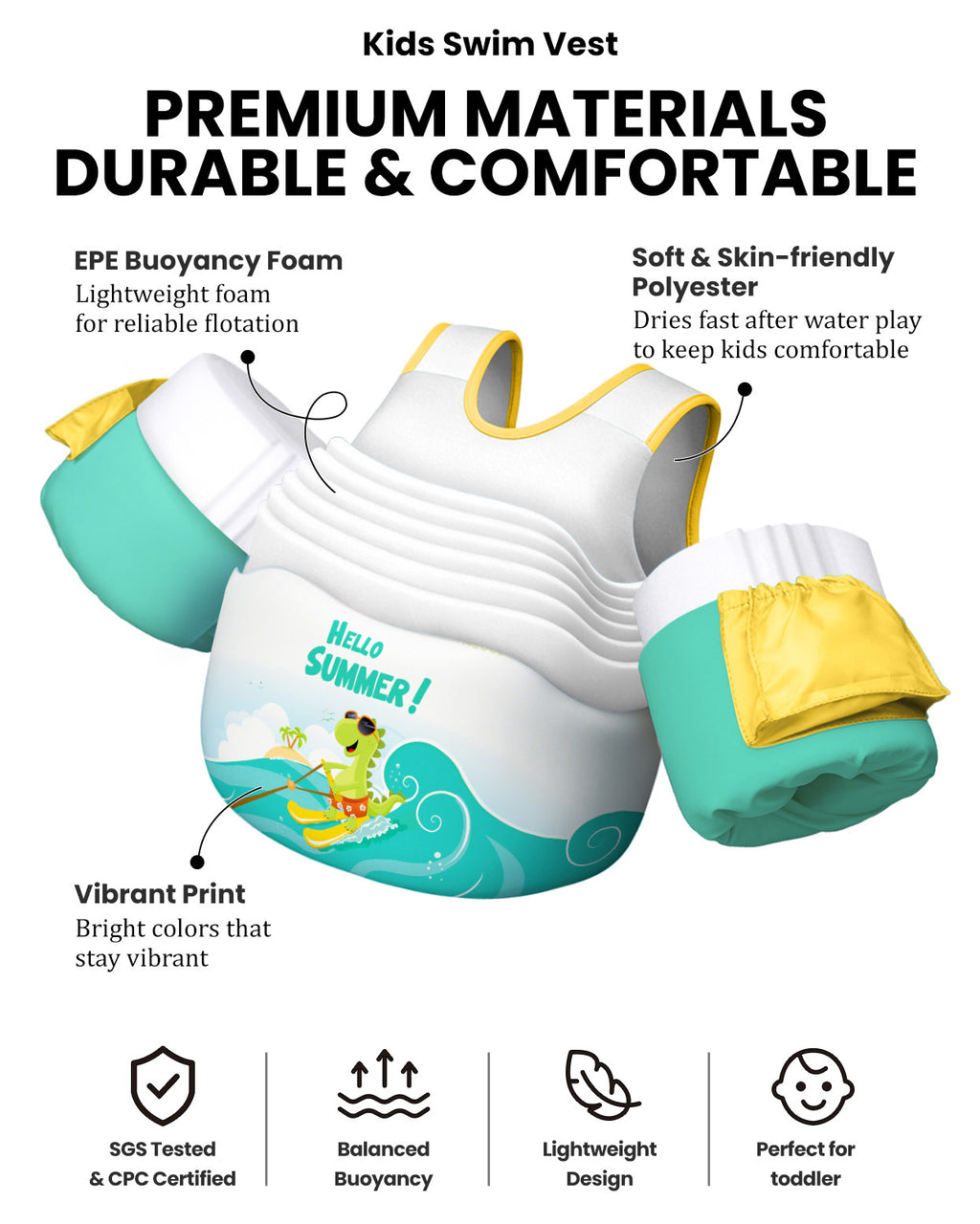 AEOCOO Toddler Swim Vest – Kids Pool Float with Arm Floaties for Ages 1-7 Years, 20-70 lbs (Color 4)