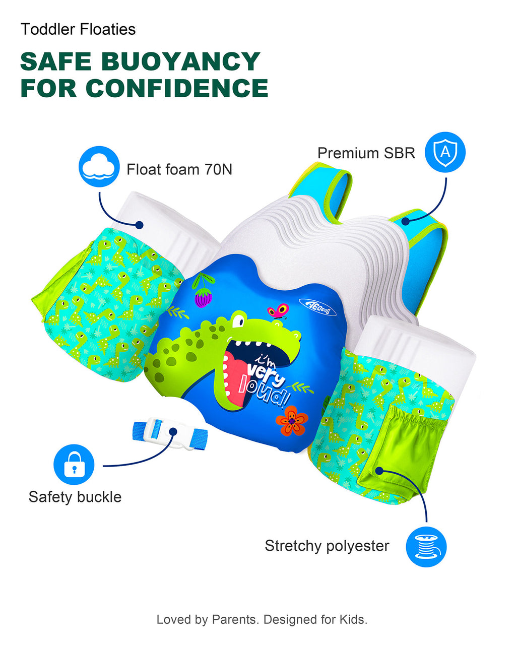 AEOCOO Toddler Swim Vest – Puddle Float Jumper with Arm Floaties for Kids 1-7 Years, 20-70 lbs (dinosaur)
