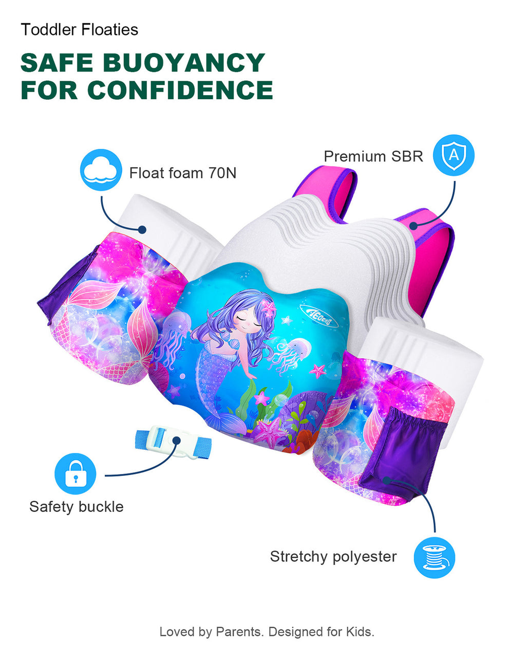 AEOCOO Toddler Swim Vest – Puddle Float Jumper with Arm Floaties for Kids 1-7 Years, 20-70 lbs (Mermaid)